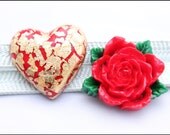 Valentine's Day resin obidome, red rose and gold leaf on red heart, handmade kimono accessories