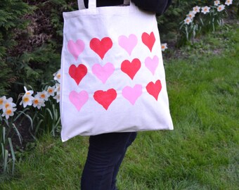 SALE! Unique Red & Pink Heart Shape Shopping Tote Bag 100% Cotton Hand ...