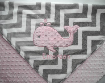 Personalized Baby Blanket,Crib Blanket, Pink Whale Baby Blanket, Stroller Blanket, Custom Blanket, Minky Baby Blanket, Made to Order