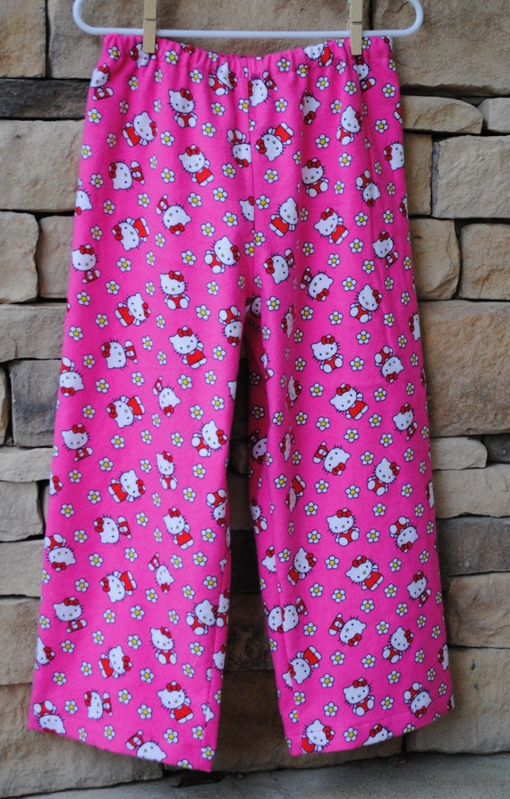 Hello Kitty Pajama Pants Pink Flannel Flower Cat Fabric.