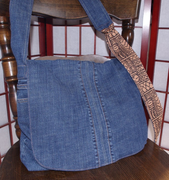 Recycled Denim Messenger Bag Homemade Jeans Bag adjustable