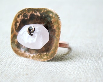 Cocktail RING, Rose Quartz RING copper jewelry , gift for her, hammered ring