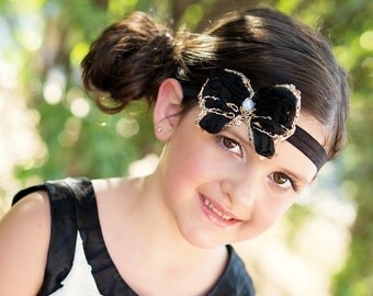 Black Gold Headband, Black Butterfly Headband, Flapper Headband, Newborn Photo Prop, Baby Shower Gift, Black Bow Headband, Baby Bow, Adult