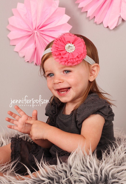 Coral Baby Headband, Coral Flower Headband, Coral Gray Headband