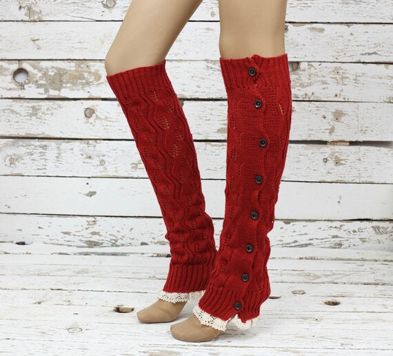 Leg warmers red cable knit slouchy open button by DayfitFashion