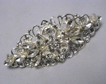 Bridal Hair Barrette, Wedding Crystal Rhinestone Barrette, Silver Filigree Vintage Style Hair Clip, Flower Girl / Bridesmaids Hair