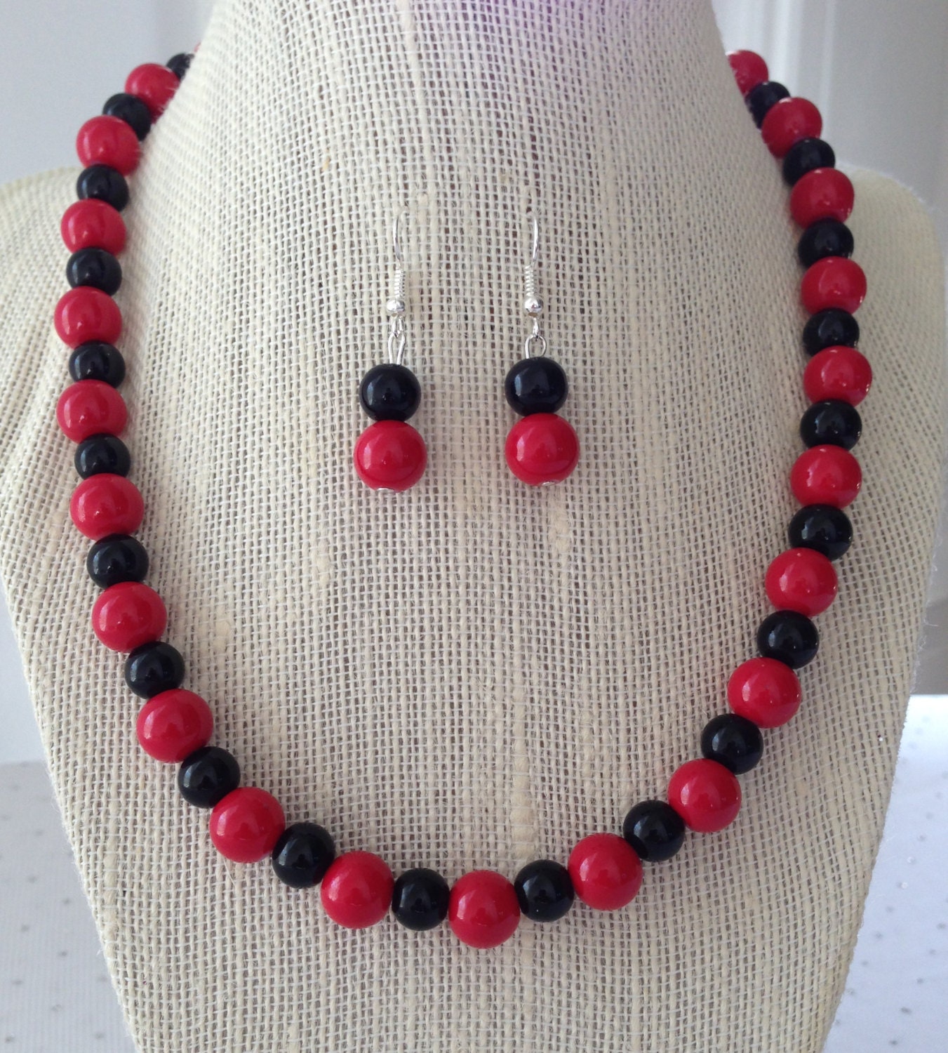 Red Bridesmaid Necklace Set Red and Black Beaded Jewelry Red