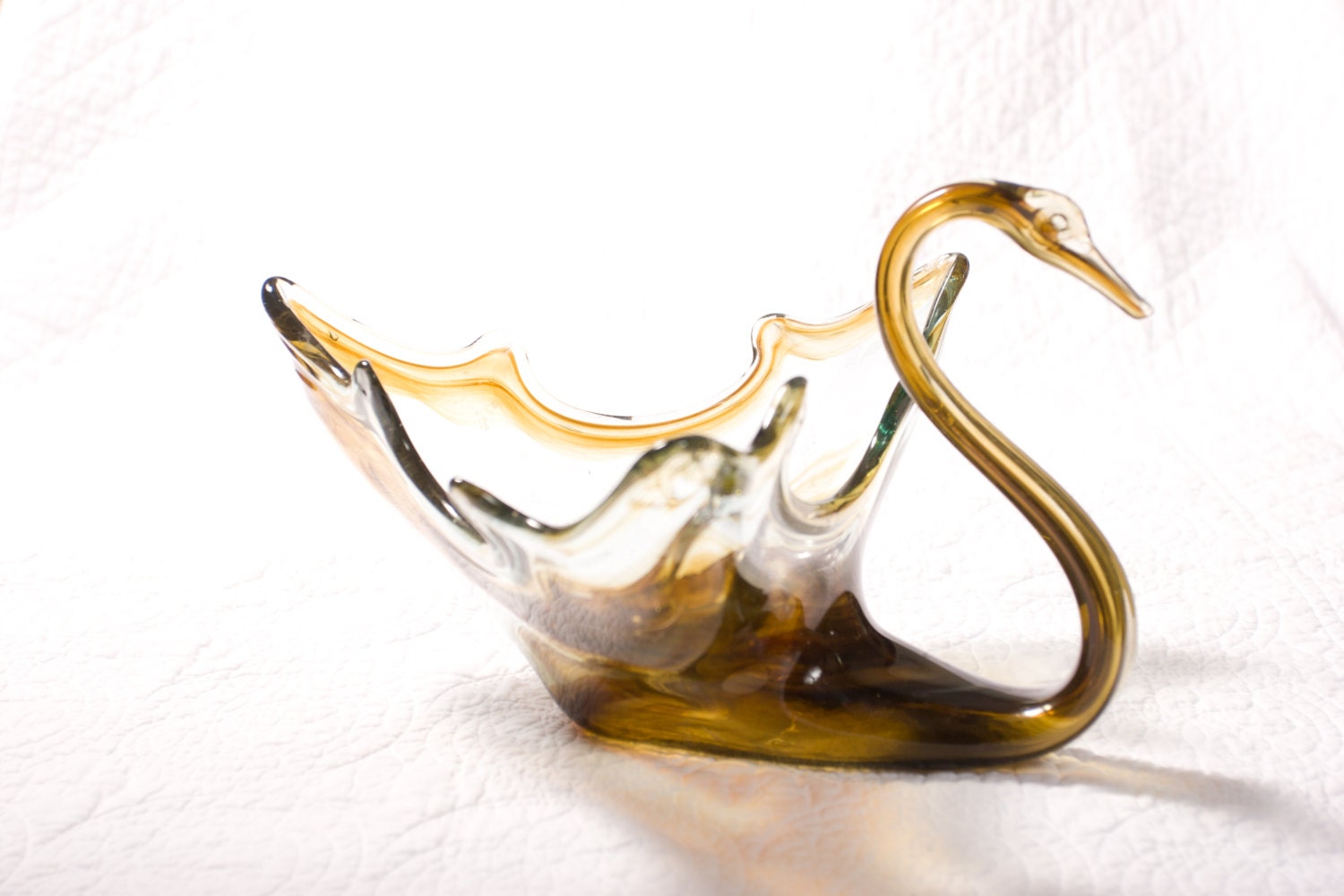 Brown Tan Blown Glass Swan Bowl Candy Dish 1960s