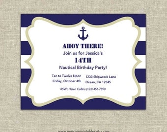 Nautical Invitations Printable- Editable Text PDF- Instant Download- Personalize at home w/ Adobe Reader- Cream White & Blue- Stripes- Love