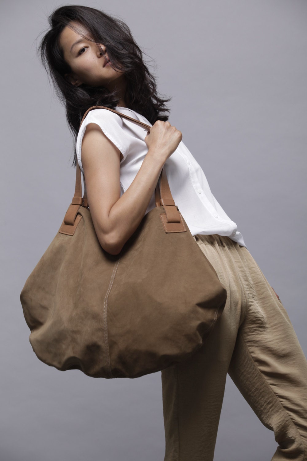 Brown leather bag Soft leather bag Big brown nubuck bag