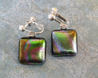 Multicolored Clip on Earrings, Dichroic Clip Earrings, Fused Glass Jewelry, Multicolored Jewelry - Reynolds - 1938 -1