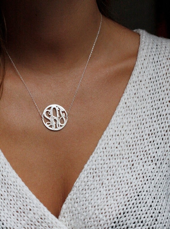 Items similar to Silver Circle Initial Necklace, Silver Monogram