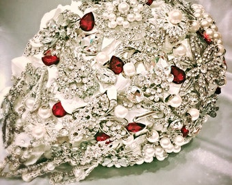 Cascading Bridal Brooch Bouquet. Deposit on made to order Ivory Red White Pearl Teardrop Wedding Bling Diamond Broach Bouquet