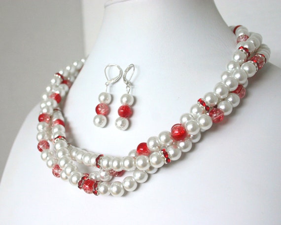 Valentines Day Jewelry Red Bridal Jewelry Pearl by BijouxLaVie