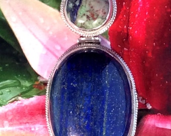 Huge Blue Pendant. Sterling Silver, Hinged, Lapis Lazuli, Chrysocolla, Free Ship 119.00
