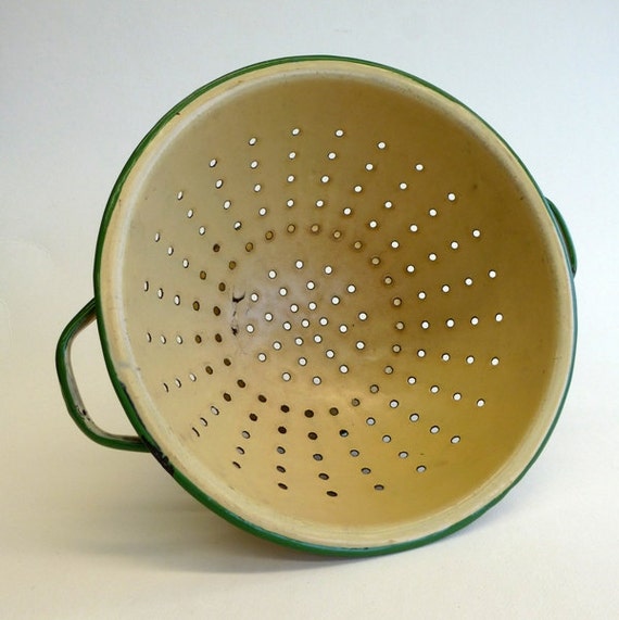 Vintage Enamel Colander Strainer Rustic and Aged 1940s