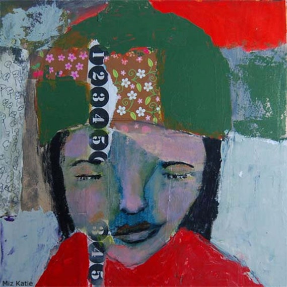 Acrylic Portrait Collage Painting 10x10 Canvas Original, Dreaming of Flowers and Numbers, Mixed Media, Woman, Face, Green Hat, Orange