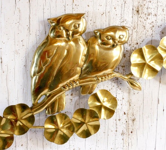 Vintage BRASS OWLS Wall Hanging / Metal Art Work Bijan