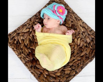 Girl Easter Hat, Newborn Girl Easter Hat, Girl Visor Hat, Visor Hat with Flower, Crochet Baby Girl Hat, Turquoise Hot Pink Hat, Photo Prop