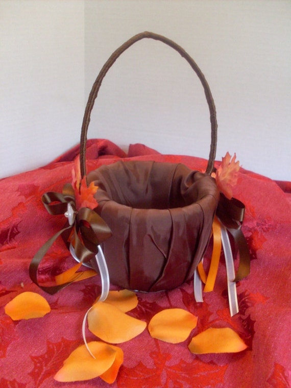 Brown Fall Wedding Flower Girl Basket with handles autum