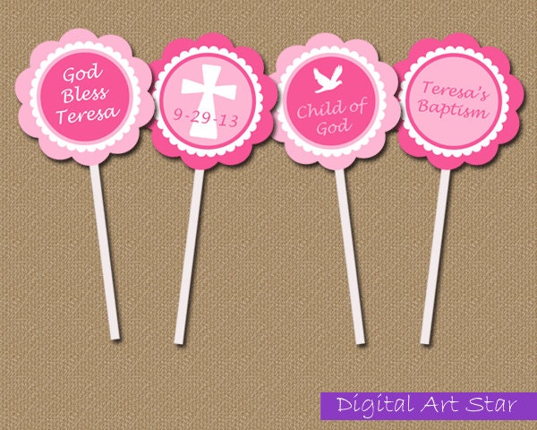 Baptism Printable Cupcake Toppers Personalized by digitalartstar