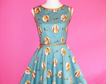 Sew Frabjous... Teal Blue and Gold Lolita Skater Dress Made With Rare Retro Alice in Wonderland Fabric Custom Made to Order