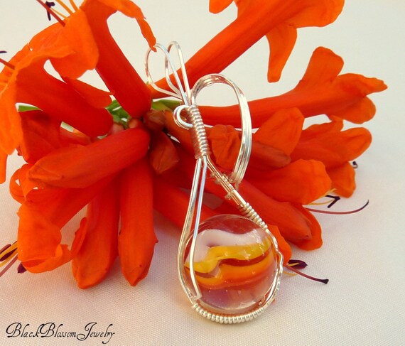 Reduced Price: Wire Wrapped White, Yellow, Orange, and Red Marble Pendant
