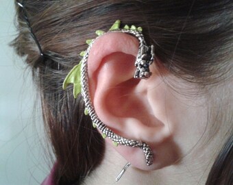 Green, Black or Glitter Dragon earring - Silver dragon cuff jewelry