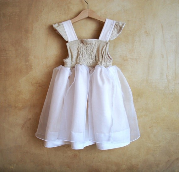 Child Angel dress, Rustic Golden White Flower Girl dress, Size 3T, Veil, bodice jersey lamè. Only one Ready to Ship