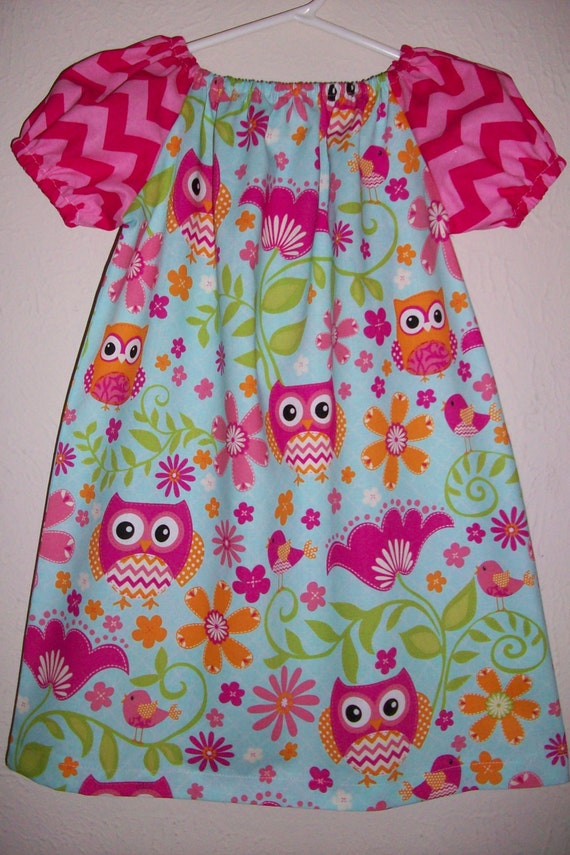 Short Sleeve Dress Peasant Dress Chevron Dress with Owls