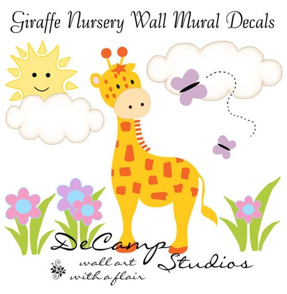 GIRAFFE MURAL WALL Decal Baby Girl Safari Jungle Animal Nursery Kids Room Childrens Floral
