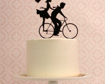Wedding Cake Topper with Bride and Groom Silhouettes on Bike - Bicycle Silhouette Cake Topper
