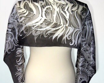 Black and white scarf - Gotic scarf - feathers - silk scarves - hand painted silk scarfs - foulards noirs
