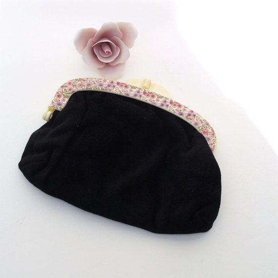 Black Velvet Clutch Evening Bag Small Handbag Kiss by WhimzyThyme