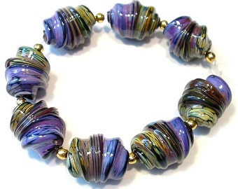 Handmade Glass Lampwork Beads, Purple Rose Raku Whirled Rakuli Focals