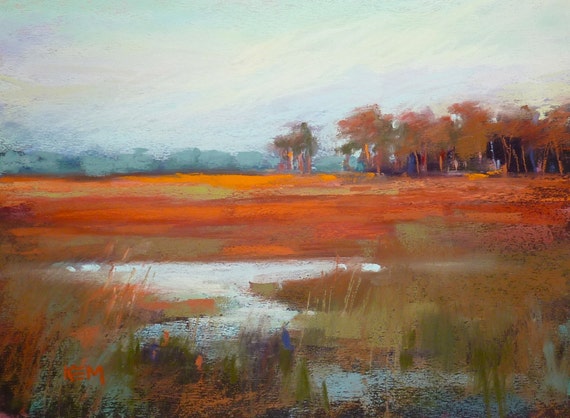 Original Pastel Painting Sunset Marsh Landscape Art