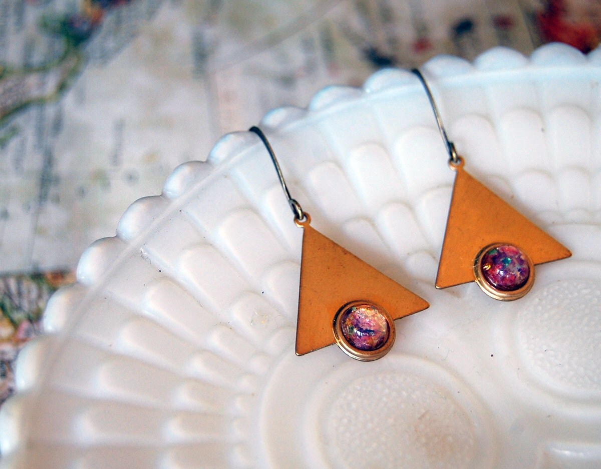 brass triangle vintage dangle earrings opal tone stone