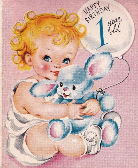 Vintage 1950s Happy Birthday 1 Year Old Greetings Card B9