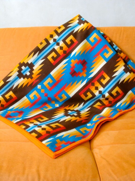 Wool Blanket Native American Design Bright Sunset Colors