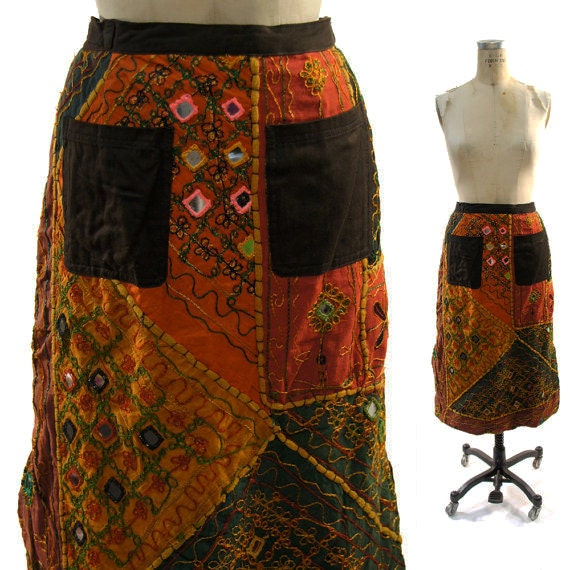 SALE Mirrored Indian Cotton Skirt with Embroidery by SpunkVintage