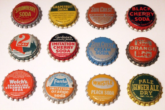 12 Wonderful Vintage Bottle Caps Retro Brights Lot