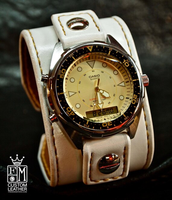 Leather cuff watch White washed leather handstitched Casio Chronograph made for YOU in NYC by Freddie Matara!