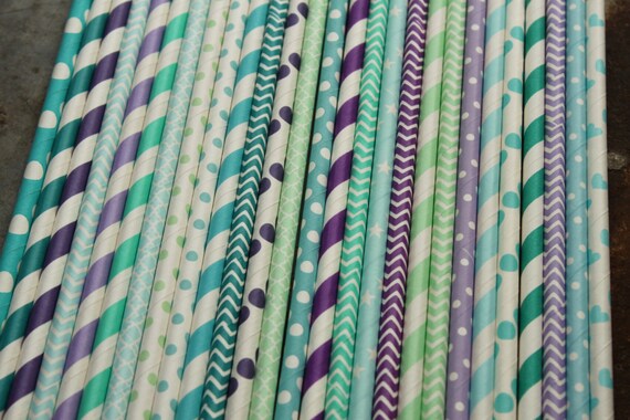 Mermaid Party Staws -- set of 20 -- purple, lavender, aqua, blue, teal, turquoise -- tropical Ocean Water Paper Drinking Straws Il_570xn