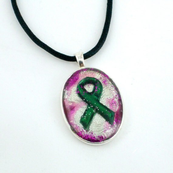 Organ Donor Transplant Green Ribbon Awareness Necklace Silver