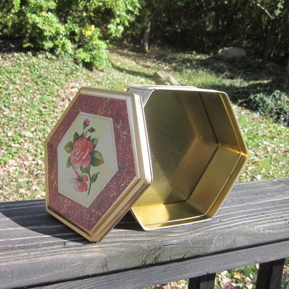 Two Vintage Tin Gift Boxes Gold Tone/ Floral