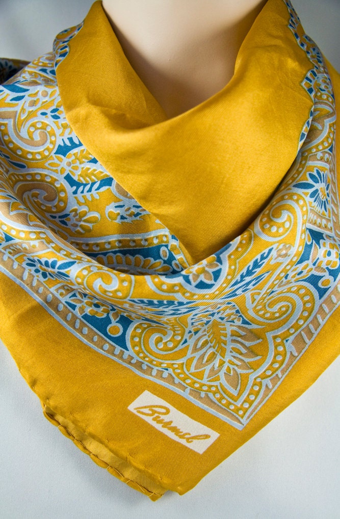 100 Silk Vintage Burmel Scarf Blue and Gold 26 inches square Haute Juice