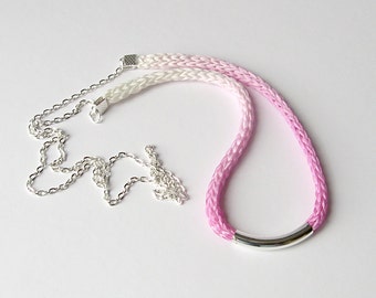 Pink boho necklace, hand dyed silk jewelry, pink silk ombre necklace, long pink and white gradient necklace