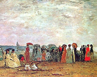 Bathers on the Trouville Beach - Eugene Boudin - Masterpiece Painting - 1966 Vintage Print Reproduction - 12 x 15