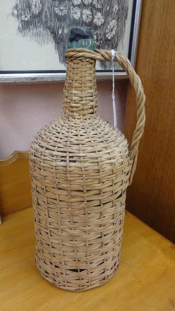 Vintage Green Glass Wine Jug In Rattan w/ Handle Italy