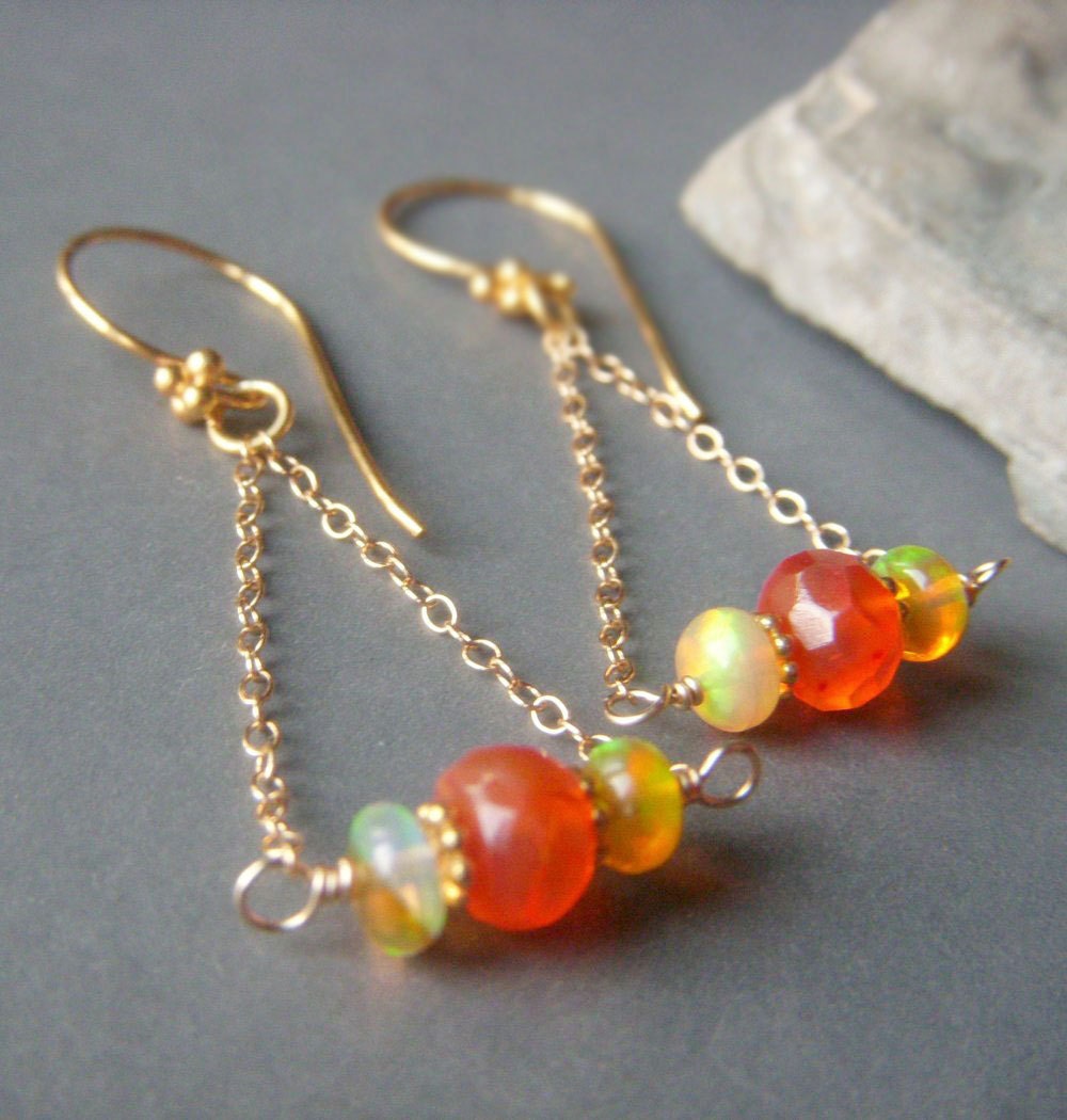 Genuine Opal Earrings Carnelian Opal Earrings Triangle